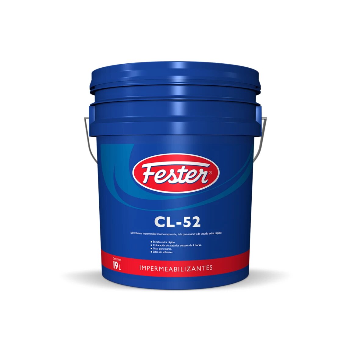 Cubetas azules de Fester CL-52, membrana impermeable líquida cremosa de secado rápido para áreas húmedas interiores.