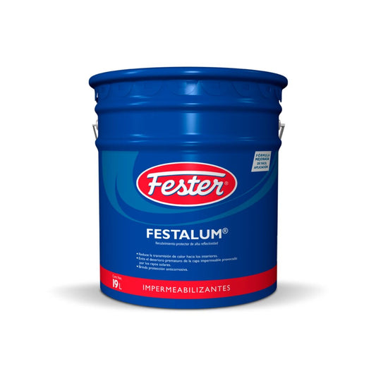Bote de Festalum, acabado líquido plateado de alta reflectividad para protección de impermeabilizantes asfálticos y superficies metálicas.