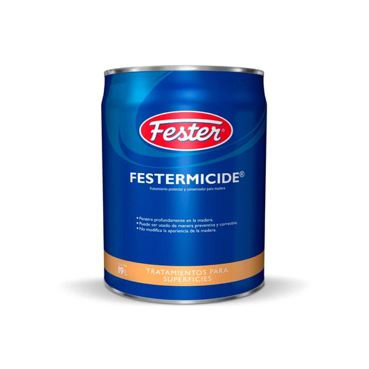 Bote de Fester Festermicide, tratamiento líquido transparente para protección de madera contra insectos y hongos.