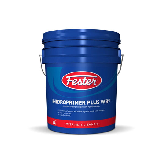 Envases de Fester Hidroprimer Plus WB, imprimador líquido negro base agua para preparar superficies antes de impermeabilizar.