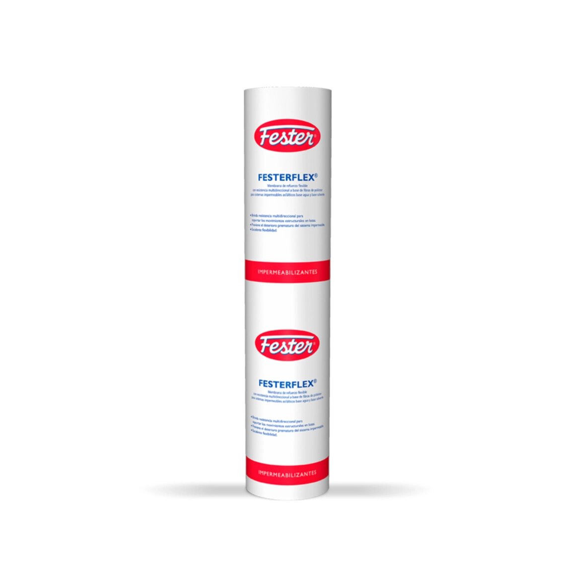 Rollo y bolsa de Festerflex, membrana blanca de refuerzo no tejida para sistemas de impermeabilización asfáltica en frío.