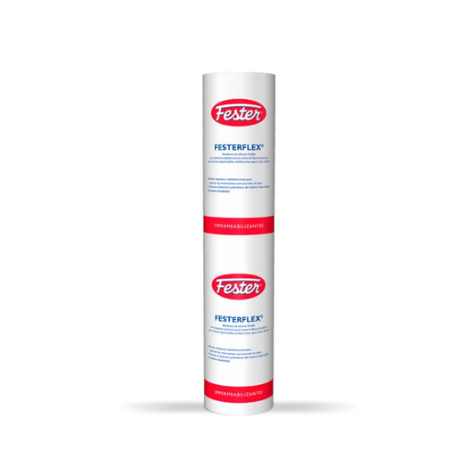 Rollo y bolsa de Festerflex, membrana blanca de refuerzo no tejida para sistemas de impermeabilización asfáltica en frío.